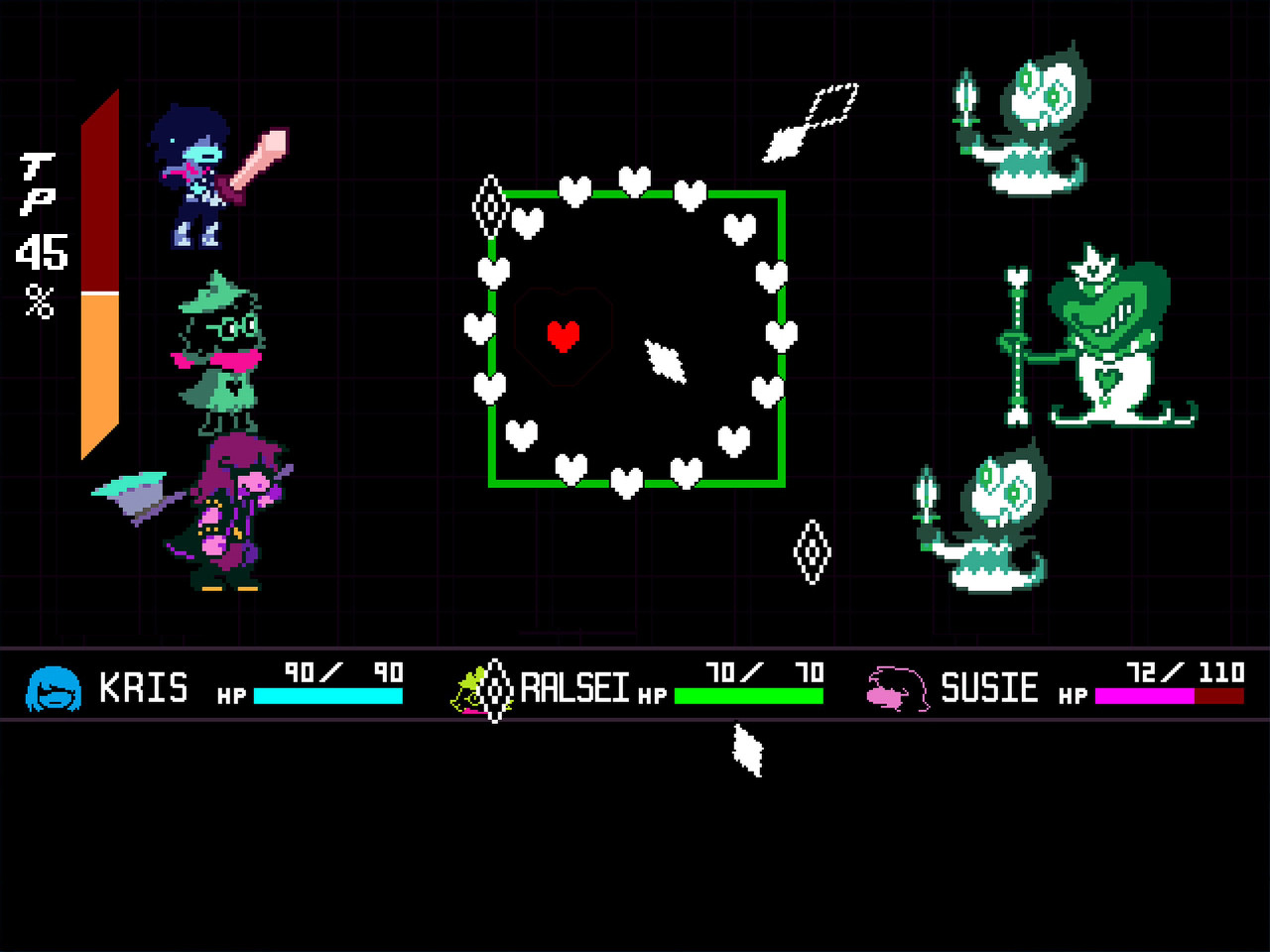 Battle screen in DELTARUNE — turn-based combat with a bullet-hell heart and a FIGHT/ACT/ITEM/SPARE menu