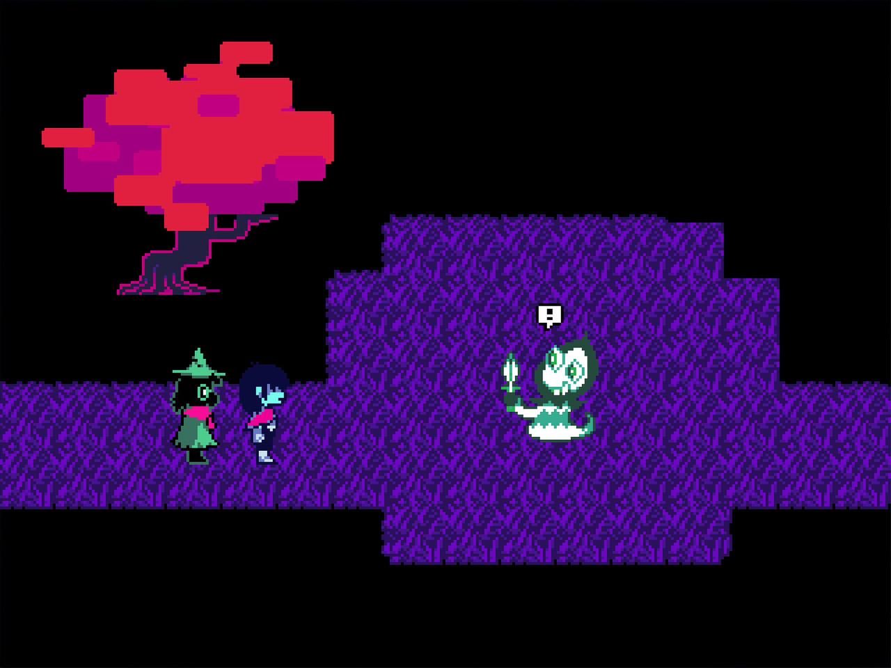 Exploring the Dark World — Kris, Susie and Ralsei walk through a fantastical area